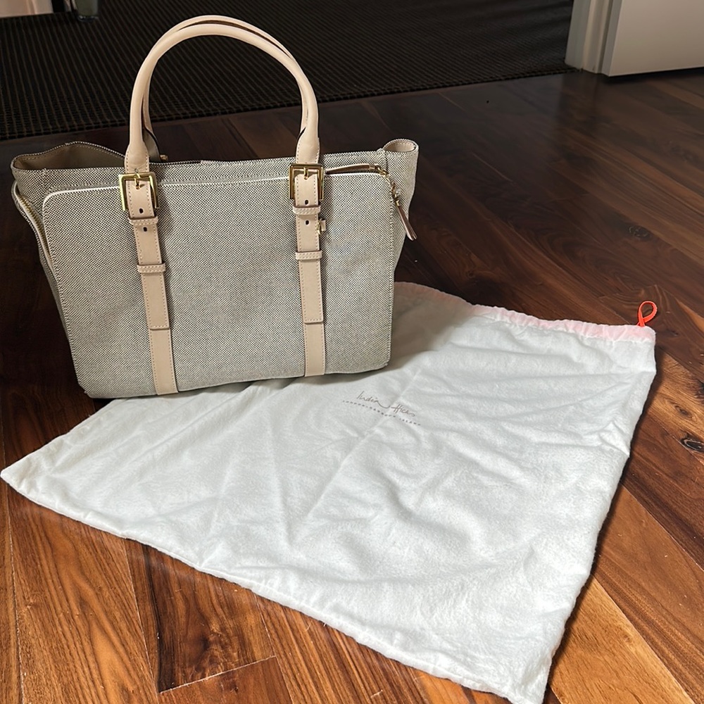 India Hicks Beige Canvas Tote with Pale Pink Trim and Gold Hardware-used once!